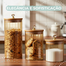Kit 3 Potes de Vidro Canelado Âmbar Hermético Mantimentos com Tampa Bambu 1000ml 750ml e 500ml