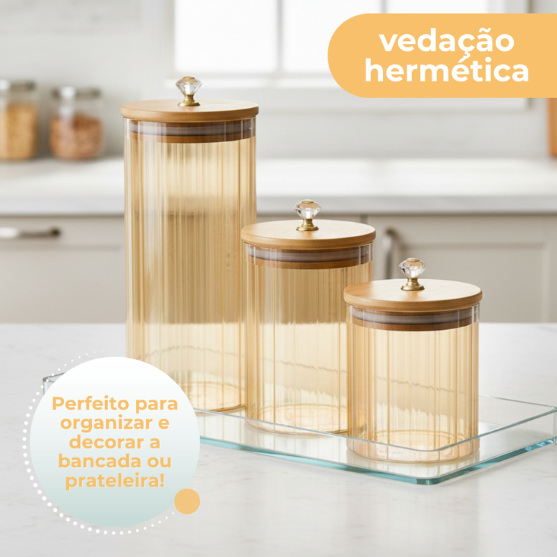 Kit 3 Potes de Vidro Canelado Âmbar Hermético Mantimentos com Tampa Bambu 1000ml 750ml e 500ml