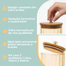 Kit 3 Potes de Vidro Canelado Âmbar Hermético Mantimentos com Tampa Bambu 1000ml 750ml e 500ml